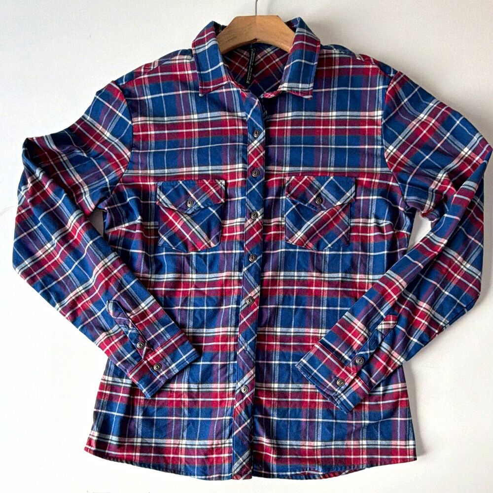 Kuhl Women’s XL Plaid Flannel Button-Up Long Sleeve Shirt Pockets Blue Red